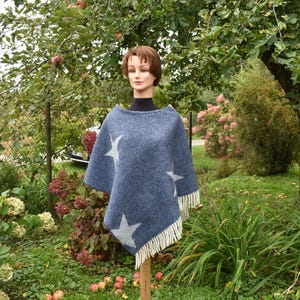 Blue Wool Star Poncho with Fringes: Lambswool Cape Scarf