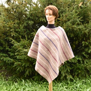Large size striped beige lamb&#39;s wool poncho Dense knitted lamb&#39;s wool cloak Large size striped lamb&#39;s wool cape Beige large size wool cape