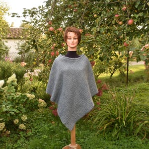 Blue Lambswool Poncho with Scarf: Handmade Wool Cape (M-L)