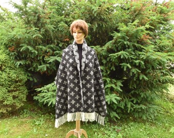 Black Lambswool Scarf: Scandinavian Crosses, Wide Shoulder Wrap
