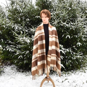 Brown Check Lambswool Alpaca Scarf: Wide Shoulder Wrap
