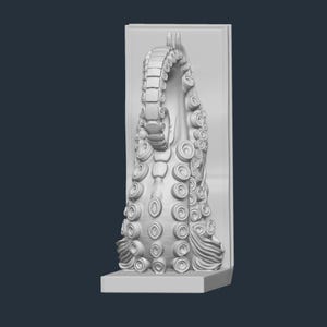 May include: A grey, 3D-printed sculpture of an octopus tentacle, with detailed suckers and a segmented structure. The tentacle is mounted on a rectangular base and set against a rectangular backdrop.