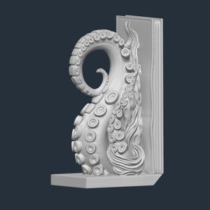 May include: A white, 3D-printed bookend with an octopus tentacle design. The tentacle curves around a vertical support, with detailed suckers and textures. The bookend has a rectangular base and a dark background.