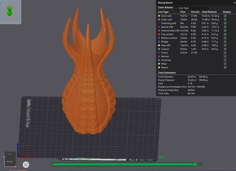 May include: An orange 3D-printed sculpture with a textured surface and a unique, organic shape. The design features multiple upward-reaching points and a bulbous base. The sculpture is displayed on a dark surface.