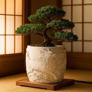 May include: A bonsai tree in a white ceramic pot with a detailed relief of a mythical creature. The tree has green foliage and a brown trunk. The pot sits on a wooden tray, with a traditional Japanese interior in the background.