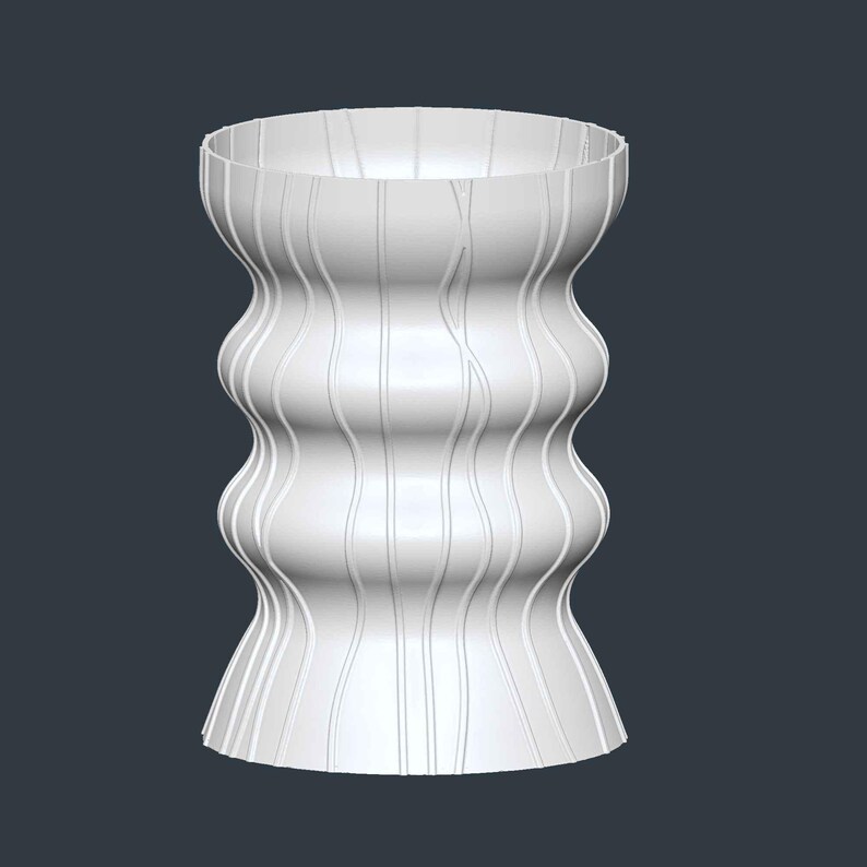 May include: A white, decorative vase with a unique, undulating shape. The vase has a wide opening and a flared base. Vertical lines run along the exterior, adding texture. The design is modern and minimalist, suitable for various home decor styles.