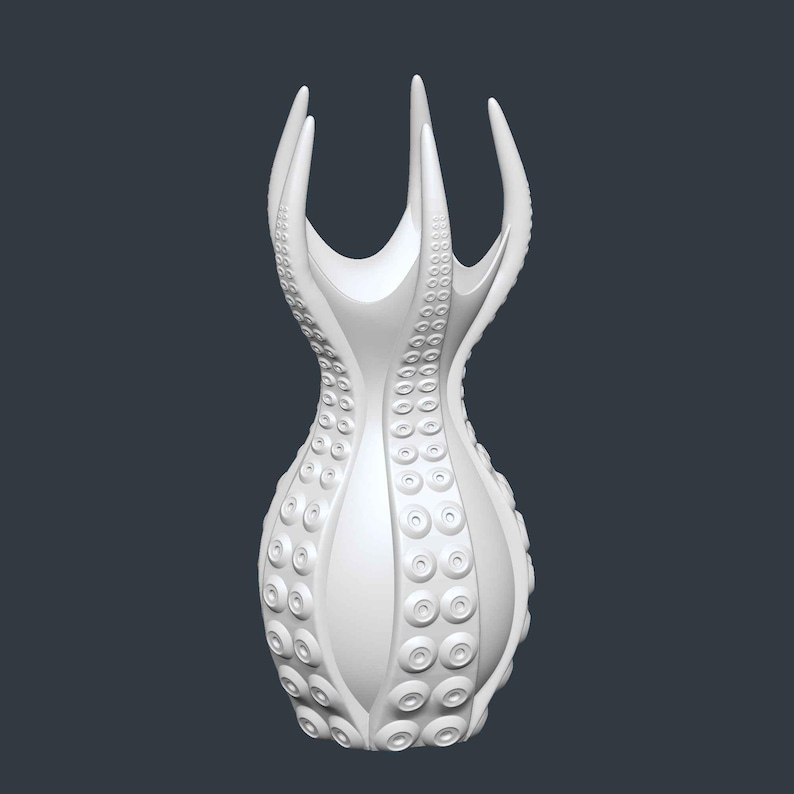 May include: A white, abstract sculpture resembling an octopus. The sculpture has a vase-like shape with multiple tentacle-like arms extending upwards. The surface is covered in small, circular suction cup details, adding texture and visual interest.