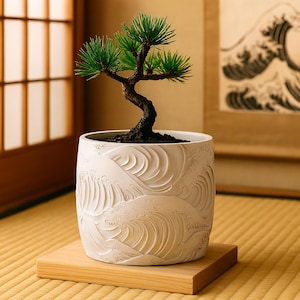 May include: A bonsai tree with green needles and a curved trunk sits in a white ceramic pot. The pot features a wave design and rests on a wooden stand. The background includes a traditional Japanese-style room.