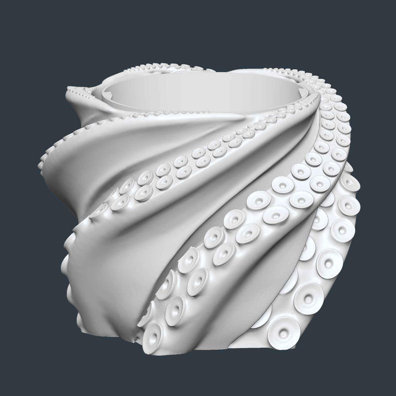 May include: A white, 3D-rendered octopus-themed vase. The vase is sculpted with swirling tentacles, each detailed with suction cups. The design is smooth and modern, with a dark gray background.