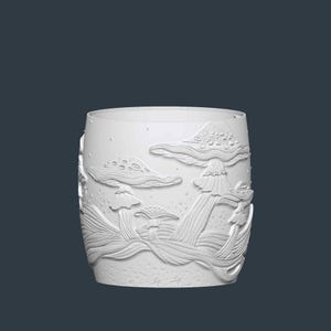 May include: White cylindrical vase with an embossed design of various mushrooms. The mushrooms are of different sizes and shapes, with detailed textures and patterns. The background has small, dotted details.