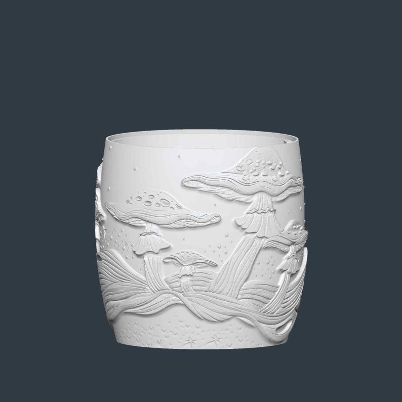 May include: White cylindrical vase with an embossed design of various mushrooms. The mushrooms are of different sizes and shapes, with detailed textures and patterns. The background has small, dotted details.