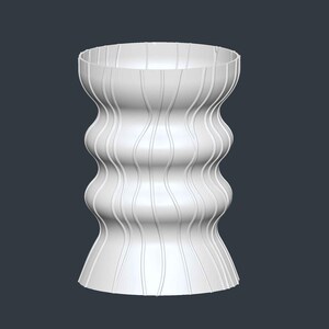 May include: A white, decorative vase with a unique, undulating design. The vase has a wide, open top and a flared base. Vertical lines run along the exterior, creating a ribbed effect. The overall shape is reminiscent of an hourglass.