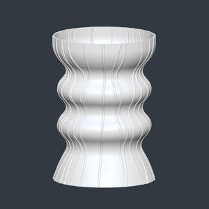 May include: A white, decorative vase with a unique, hourglass-like shape. The vase features a series of vertical, wavy lines that create a ribbed texture. The design is modern and minimalist, suitable for various home decor styles.