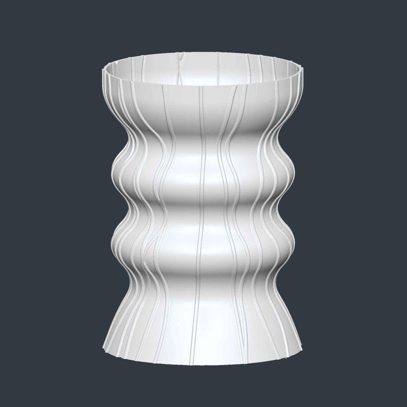 May include: A white, decorative vase with a unique, hourglass-like shape. The vase features a series of vertical, wavy lines that create a ribbed texture. The design is modern and minimalist, suitable for various home decor styles.