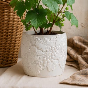 Puede incluir: Una maceta de cerámica blanca con un diseño en relieve detallado de vides y hojas de uva. La maceta contiene una pequeña planta verde con hojas y pequeñas uvas verdes. La maceta es redonda.