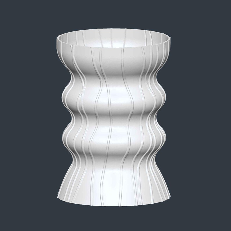 May include: A white, decorative vase with a unique, hourglass-like shape. The vase features vertical, slightly curved lines that run from the top to the bottom. The design has a modern, minimalist aesthetic, suitable for home decor.