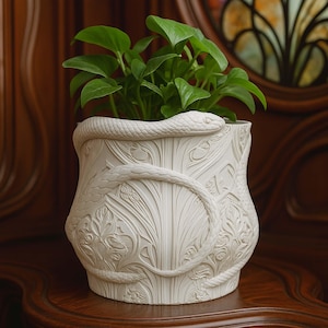 Könnte beinhalten: Weißer Keramik-Pflanztopf mit detailliertem Reliefdesign einer Schlange, die sich um den Topf windet. Der Topf ist mit grünen Pflanzen gefüllt. Der Schlangenkopf ruht auf dem Rand. Der Topf hat eine strukturierte Oberfläche und steht auf einer Holzoberfläche.