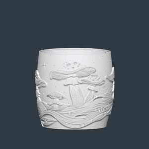 May include: White cylindrical ceramic container with a detailed relief of mushrooms, stars, and wavy lines. The design wraps around the entire surface of the container, creating a whimsical, nature-inspired aesthetic.