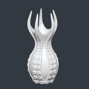 May include: A white, stylized vase with an octopus-inspired design. The vase features multiple tentacle-like protrusions at the top and a body adorned with circular suction cup details. The overall shape is elegant and modern.