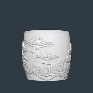 May include: A white cylindrical ceramic planter with a detailed relief design of mushrooms and flowing lines. The design is raised from the surface, creating a textured appearance. The planter is suitable for indoor or outdoor use.