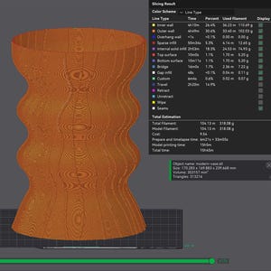 May include: A digitally rendered, orange-brown vase with a unique, layered design. The vase has a wide base, a narrow midsection, and a flared top. The image includes technical data, including the vase's size: 170.283 x 169.883 x 239.668 mm.