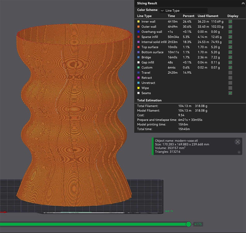 May include: A digitally rendered, orange-brown vase with a unique, layered design. The vase has a wide base, a narrow midsection, and a flared top. The image includes technical data, including the vase's size: 170.283 x 169.883 x 239.668 mm.