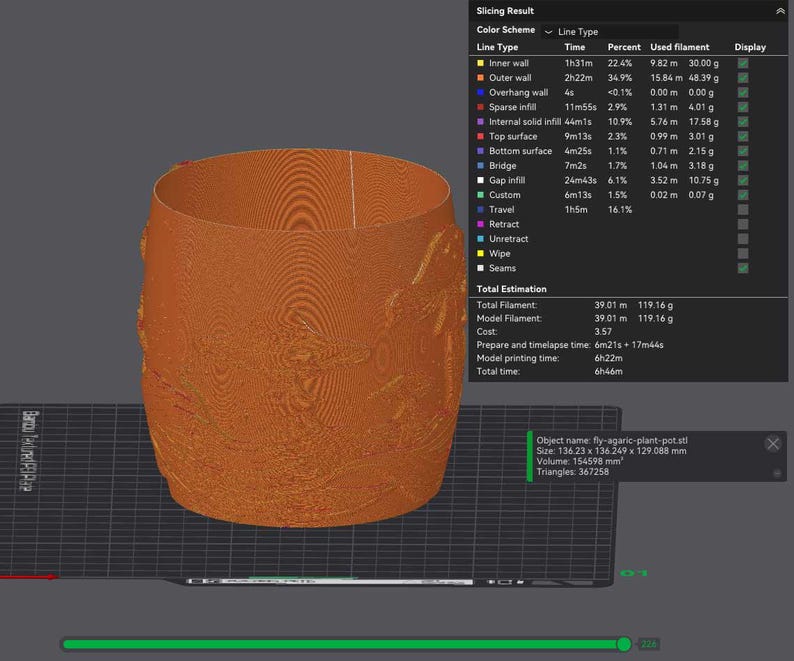 May include: A 3D rendering of a cylindrical orange plant pot, with visible internal structures and a textured surface. The image includes a detailed breakdown of the 3D printing process, including time, filament usage, and estimated cost.