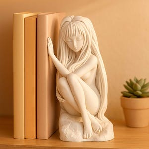 May include: A white sculpture of a seated woman with long flowing hair, leaning against three books with tan covers. A small potted succulent plant sits on the shelf. The sculpture is a decorative bookend.