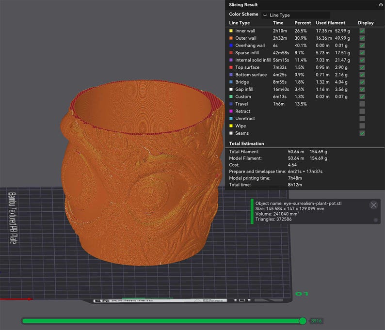 May include: A 3D-printed orange plant pot with a textured, organic design. The pot has a wide opening and a detailed surface, with visible layers from the printing process. The object name is "eye-surrealism-plant-pot.stl" and the size is 14.56 x 14.7 x 12.91 cm.