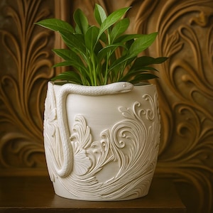 Könnte beinhalten: Ein weißer Keramik-Blumentopf mit einem detaillierten Reliefdesign einer Schlange und floralen Mustern. Die Schlange windet sich um die Seite des Topfes. Der Topf enthält eine grüne Blätterpflanze. Der Topf ist etwa 20 cm hoch.