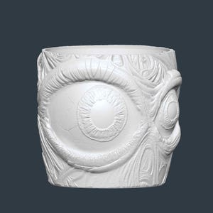 May include: White cylindrical container with a detailed relief of two large eyes and surrounding organic textures. The design features intricate details, creating a unique and artistic aesthetic. The container is likely made of ceramic or a similar material.