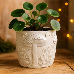 May include: A cream-colored ceramic plant pot with a detailed mushroom and botanical relief design. The pot contains a green plant with round leaves. The pot is sitting on a wooden surface.