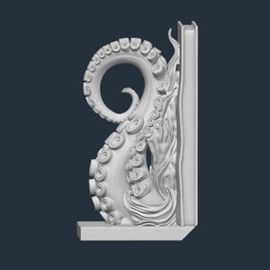 May include: A white octopus tentacle bookend. The tentacle curls around a book, with detailed suckers and textures. The bookend has a rectangular base and a detailed design. The overall theme is nautical and fantasy.