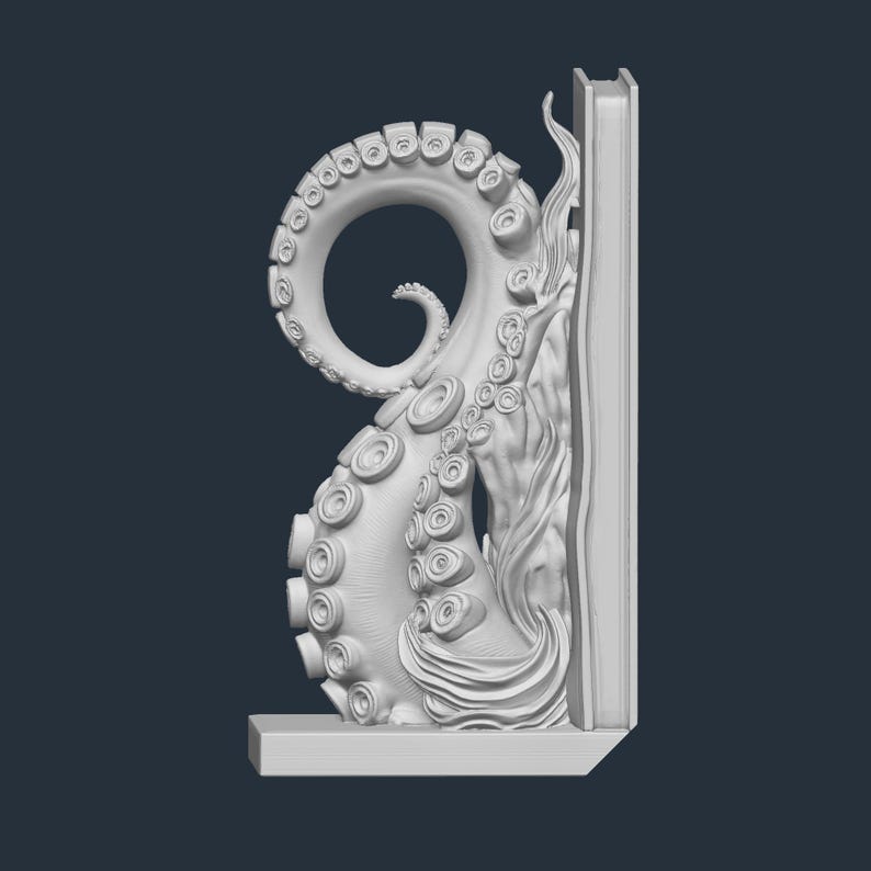 May include: A white octopus tentacle bookend. The tentacle curls around a book, with detailed suckers and textures. The bookend has a rectangular base and a detailed design. The overall theme is nautical and fantasy.