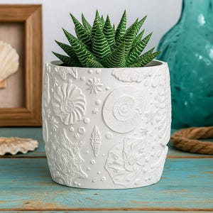 May include: A white ceramic plant pot with embossed seashell designs, containing a green and white striped succulent. The pot has various sea life patterns and is a decorative item for home decor.