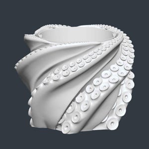 May include: A white, 3D-rendered ring with an octopus tentacle design. The ring features a spiraling form with detailed suckers along the tentacles, creating a unique and artistic jewelry piece. The ring is set against a dark gray background.