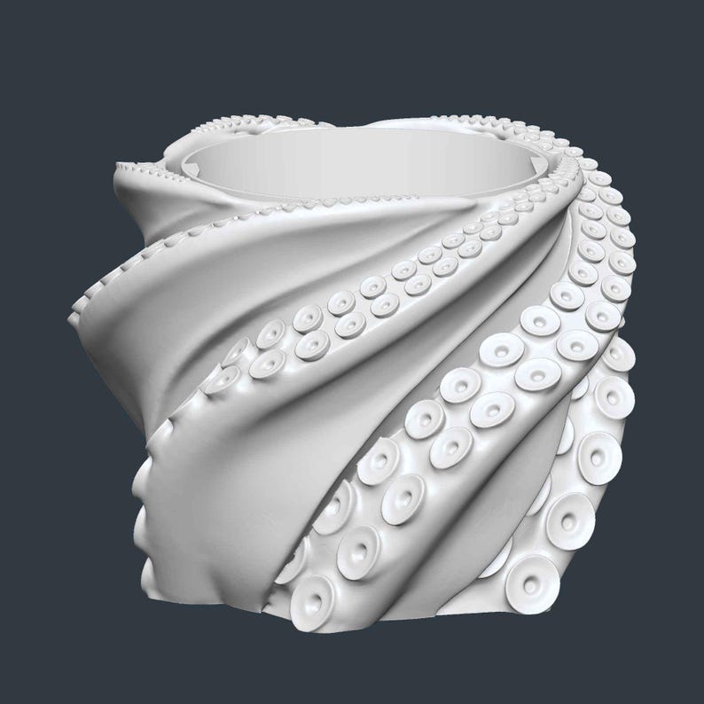 May include: A white, 3D-rendered ring with an octopus tentacle design. The ring features a spiraling form with detailed suckers along the tentacles, creating a unique and artistic jewelry piece. The ring is set against a dark gray background.