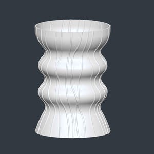 May include: A white, decorative vase with a unique, hourglass-like shape. The vase features a series of curved, vertical lines that add texture and visual interest. The design is modern and minimalist, suitable for various home decor styles.