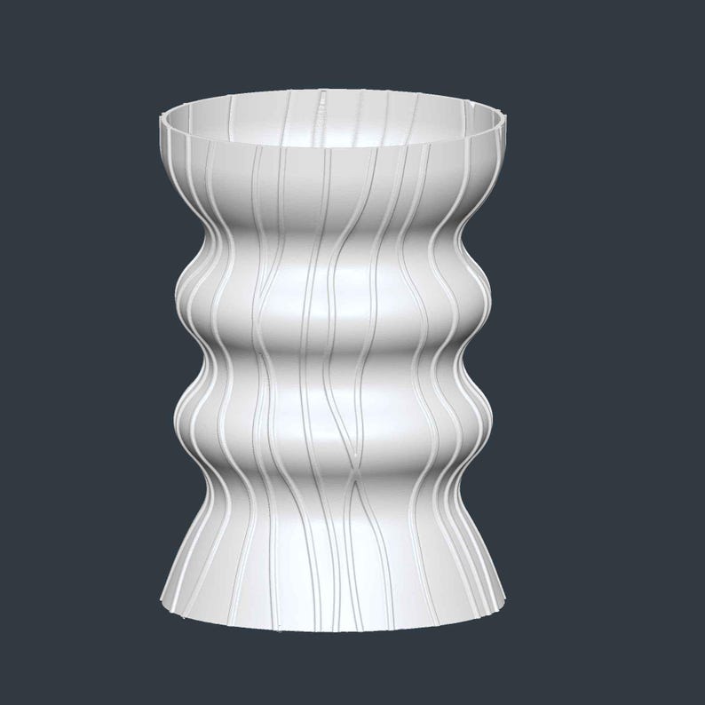 May include: A white, decorative vase with a unique, hourglass-like shape. The vase features a series of curved, vertical lines that add texture and visual interest. The design is modern and minimalist, suitable for various home decor styles.