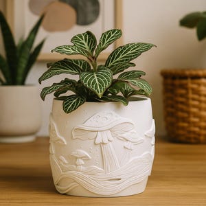 Puede incluir: Una maceta de cerámica blanca con un diseño de hongos en relieve, que contiene una planta verde con hojas veteadas de blanco. La maceta tiene forma cilíndrica y está sobre una superficie de madera. El fondo incluye una obra de arte enmarcada y una cesta tejida.
