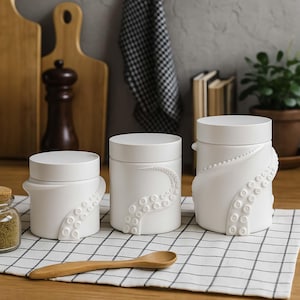 Puede incluir: Tres botes de cocina de cerámica blanca con tapas, cada uno con un diseño de tentáculo de pulpo esculpido. Los botes están colocados sobre un paño a cuadros, con una cuchara de madera en primer plano. Un salero y tablas de cortar están en el fondo.
