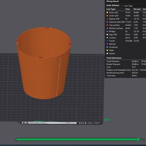 May include: A 3D rendering of a cylindrical object in orange, displayed on a digital interface. The screen shows slicing results, including filament usage and printing time. The text "Bambu Textured PEI Plate" is visible.
