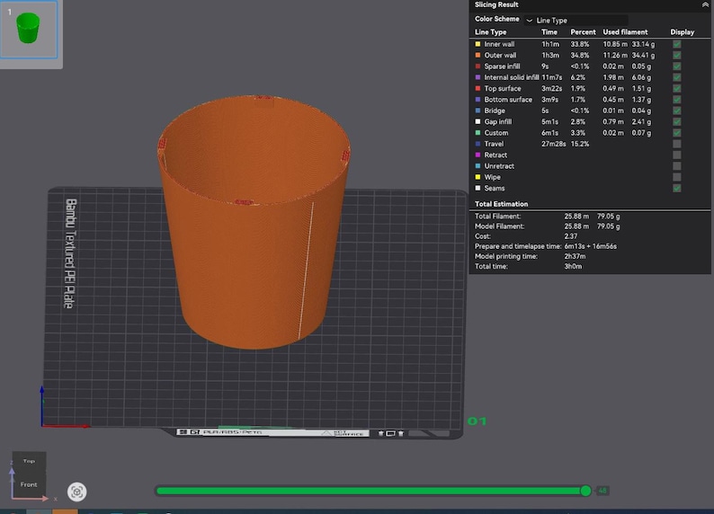 May include: A 3D rendering of a cylindrical object in orange, displayed on a digital interface. The screen shows slicing results, including filament usage and printing time. The text "Bambu Textured PEI Plate" is visible.