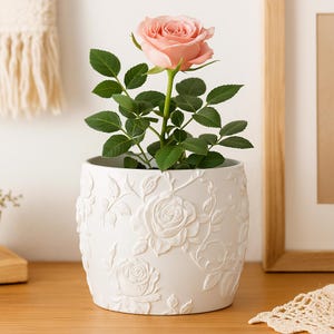 Peut inclure: Une rose en pot avec une fleur rose clair et des feuilles vertes. La rose est plantée dans un pot en céramique blanc avec un motif de roses et de vignes en relief. Le pot est posé sur une surface en bois.