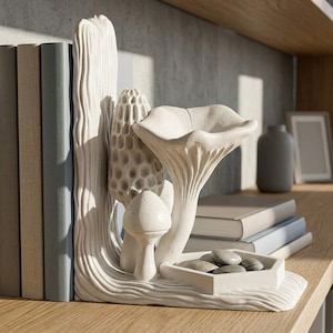 May include: White ceramic bookends featuring a whimsical mushroom design. The bookends have a textured, organic look with a morel, chanterelle, and small mushroom. A small tray holds decorative stones. Books are visible on a wooden shelf.