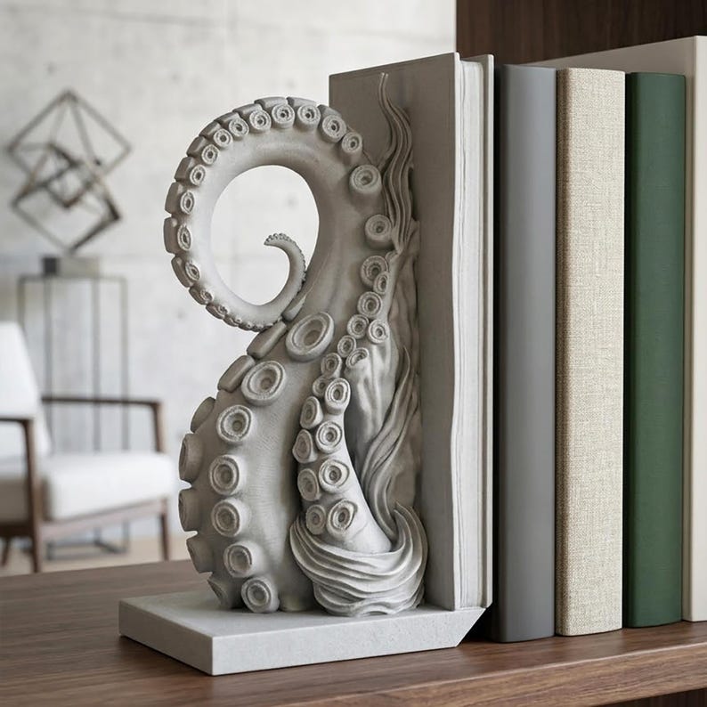 May include: A grey octopus tentacle bookend, with detailed suckers and a curled tip, supports a row of books. The bookend is made of a solid, light-coloured material and adds a unique, nautical touch to any bookshelf. The books are in various colours.
