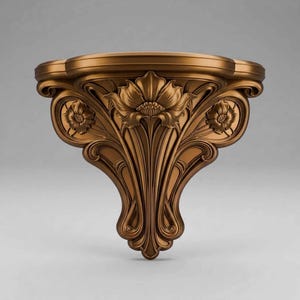 May include: A wall-mounted shelf featuring a bronze-toned finish and intricate relief carvings. The design showcases a central large floral motif flanked by two smaller flowers, with sweeping, curved lines extending downward to a pointed base.