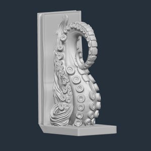 May include: A white, 3D-printed bookend with an octopus tentacle design. The tentacle curves around the books, with detailed suckers and textures. The bookend has a rectangular base and a vertical support for the books.