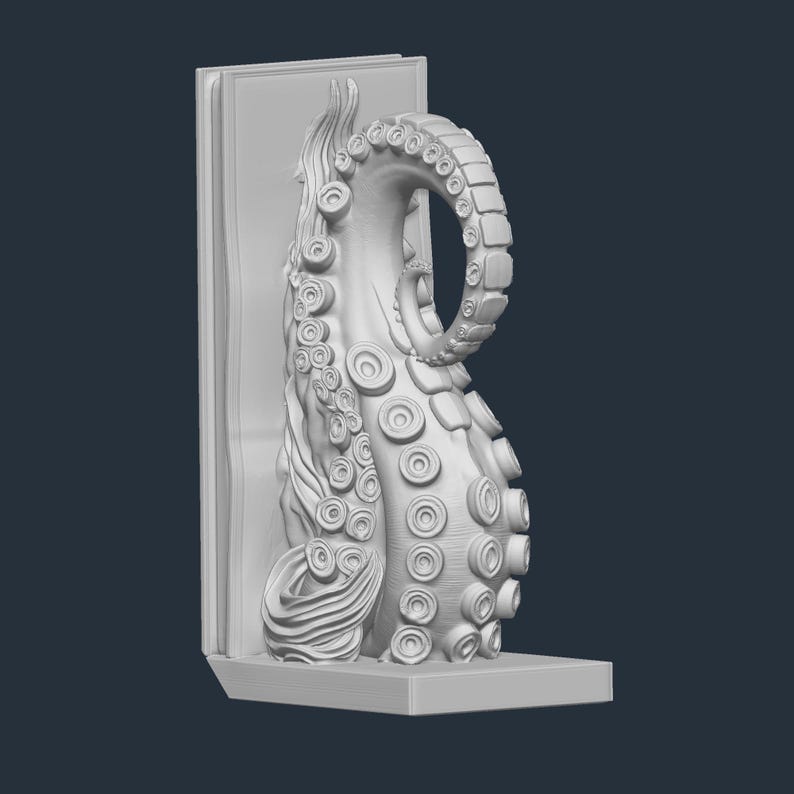 May include: A white, 3D-printed bookend with an octopus tentacle design. The tentacle curves around the books, with detailed suckers and textures. The bookend has a rectangular base and a vertical support for the books.