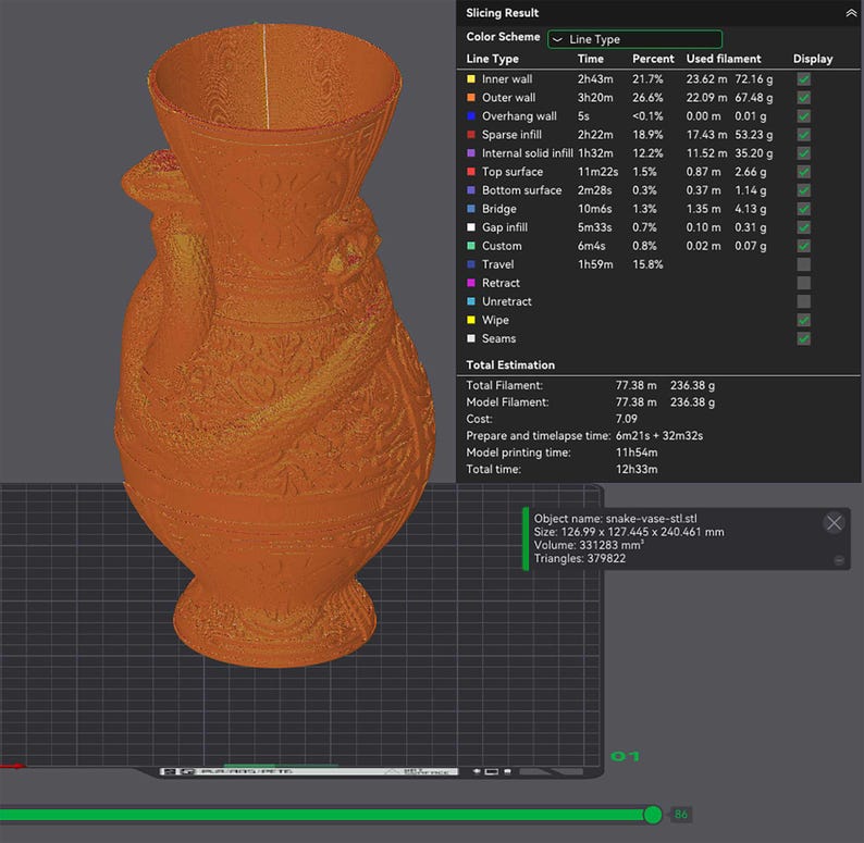 May include: A 3D rendering of an orange vase with a snake-like handle and intricate patterns. The vase is displayed on a digital interface with slicing results, including time and filament usage. The vase measures 126.99 x 127.445 x 240.461 mm.